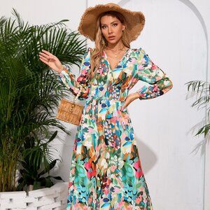 Printed Surplice Long Sleeve Midi Dress
